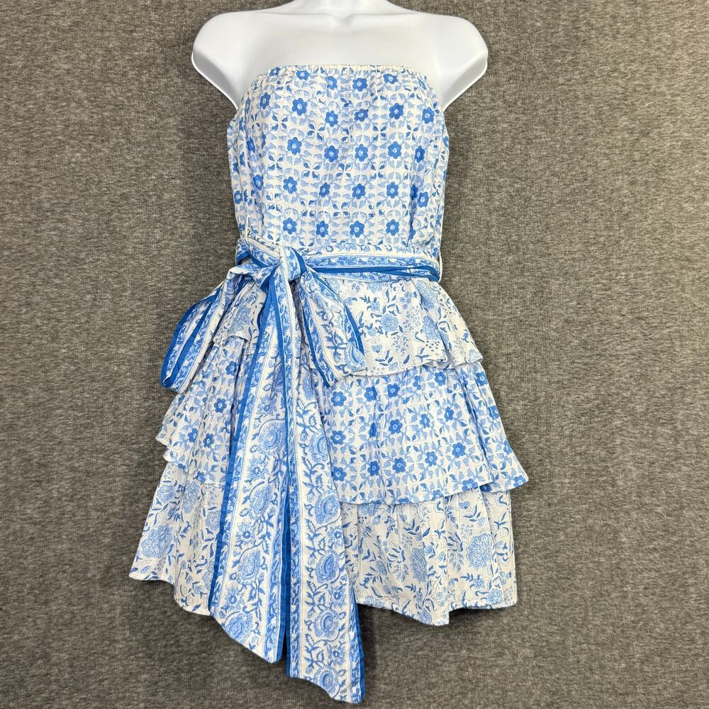 Sue Sartor Strapless Mini Dress Size Medium Blue Tiered Belted